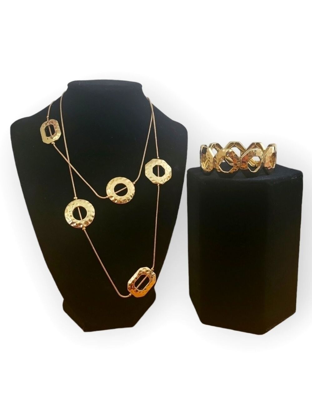 Nine West Pounded Goldtone Geometric Shape Necklace & Bracelet Set